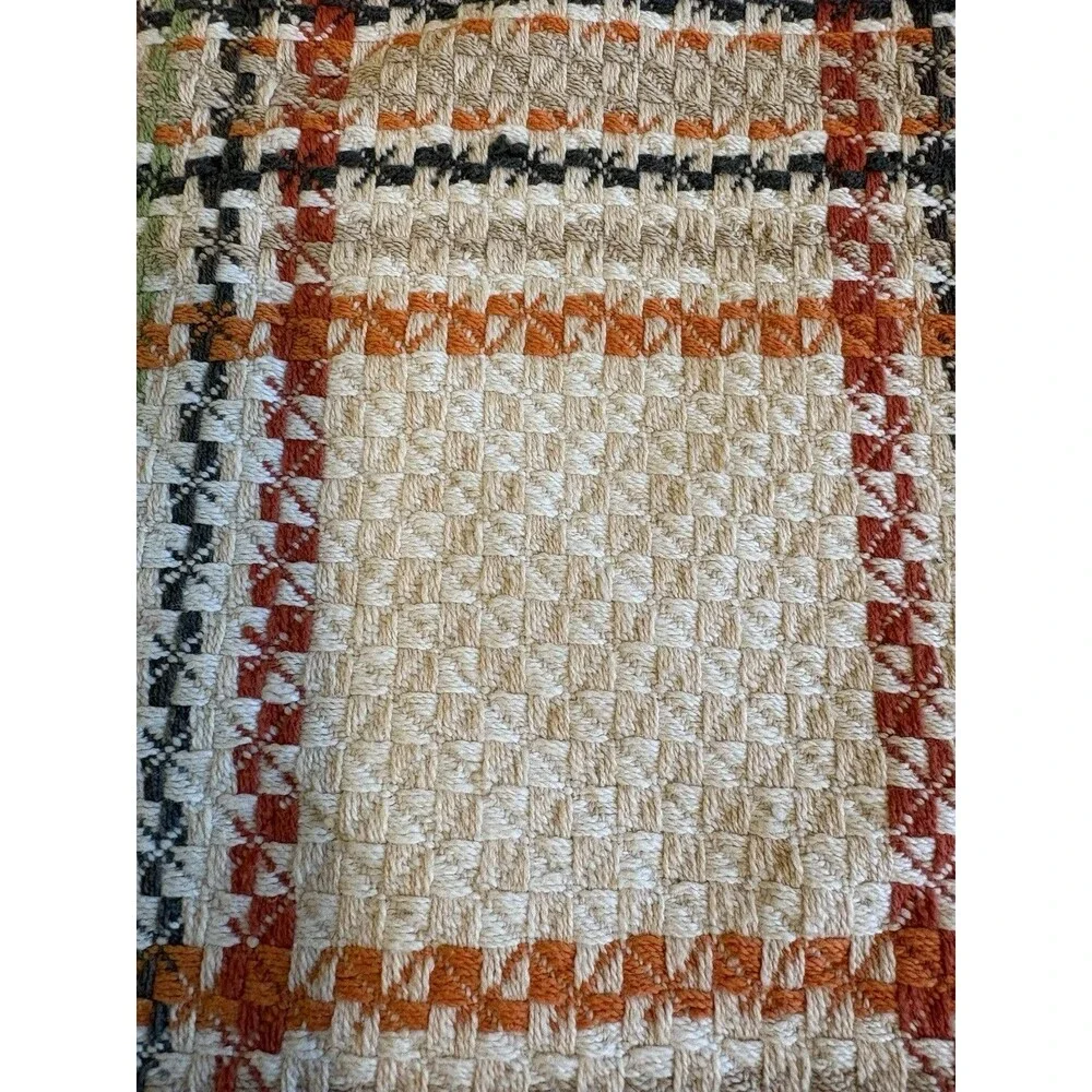 Vintage Woven Remnants Fabric Orange Yellow Green Brown Plaid MCM 2 Pieces